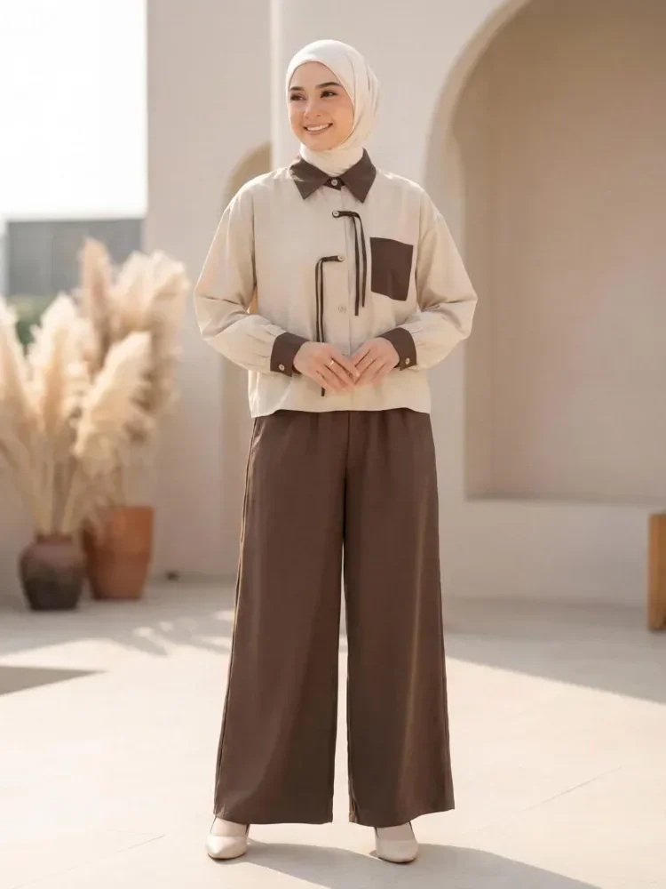 ASAYA Set dua potong atasan dan celana longgar yang modis dan sederhana untuk wanita