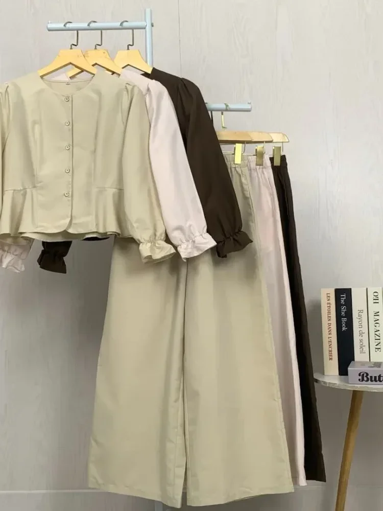 [NEW]ASAYA Setelan dua potong atasan lengan pendek dan celana panjang warna polos yang stylish dan terbaru.