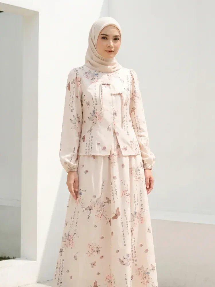 [READY STOCK]ASAYA Setelan wanita bergaya retro tiongkok, atasan lengan panjang dengan kancing buatan tangan dipadukan dengan rok model a-line yang stylish