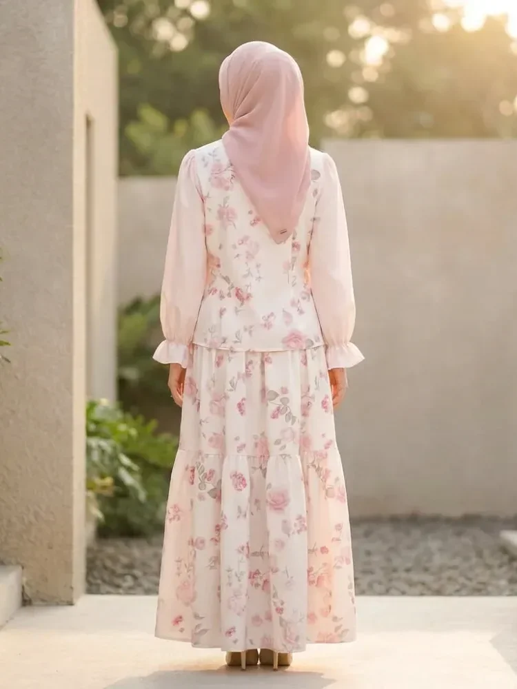 ASAYA Set gaun kemeja lengan panjang motif bunga untuk wanita
