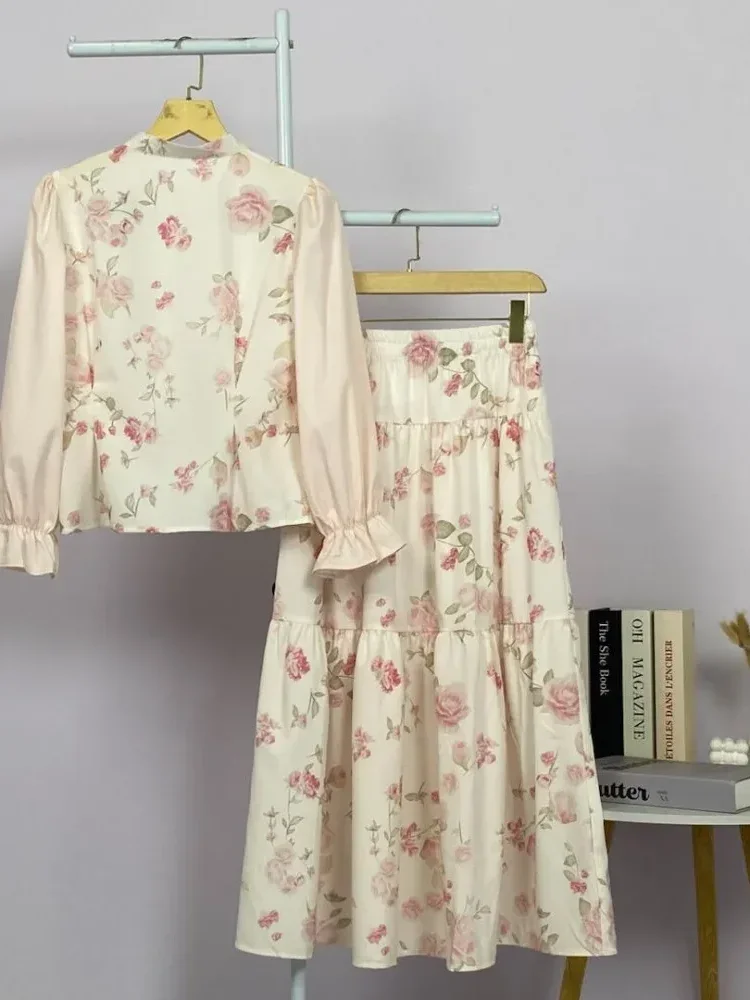 ASAYA Set gaun kemeja lengan panjang motif bunga untuk wanita