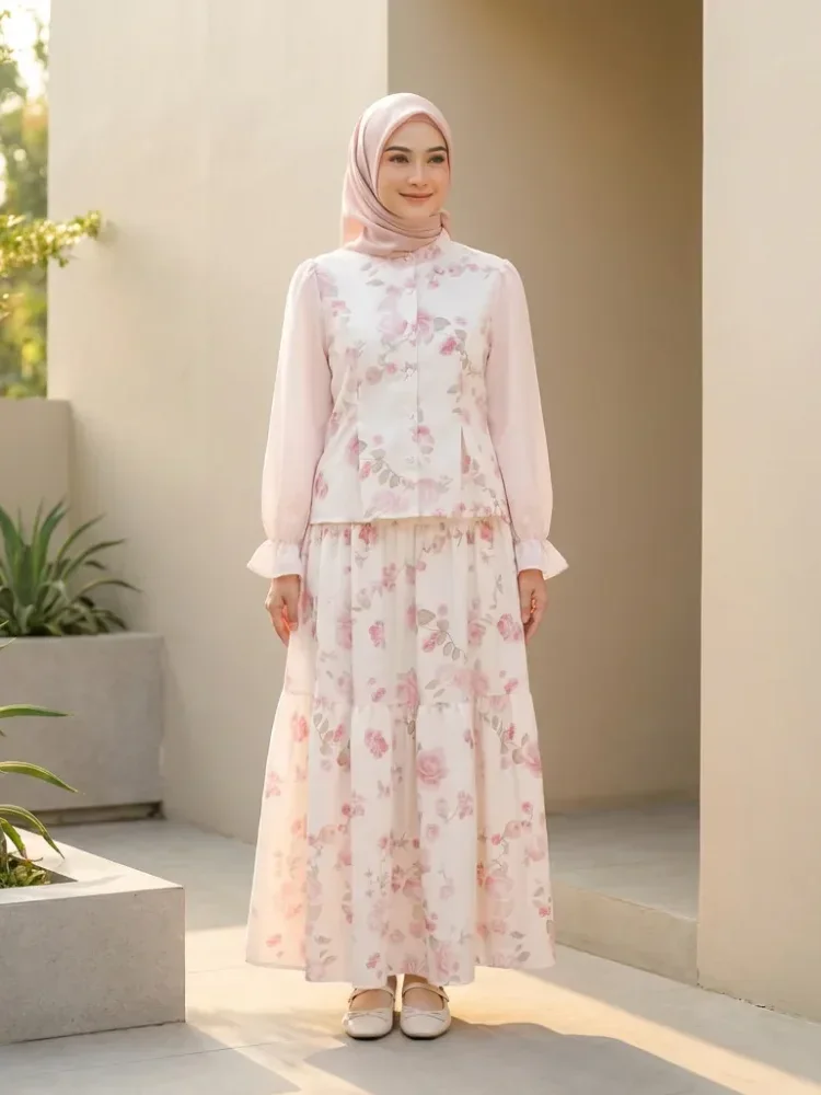 ASAYA Set gaun kemeja lengan panjang motif bunga untuk wanita
