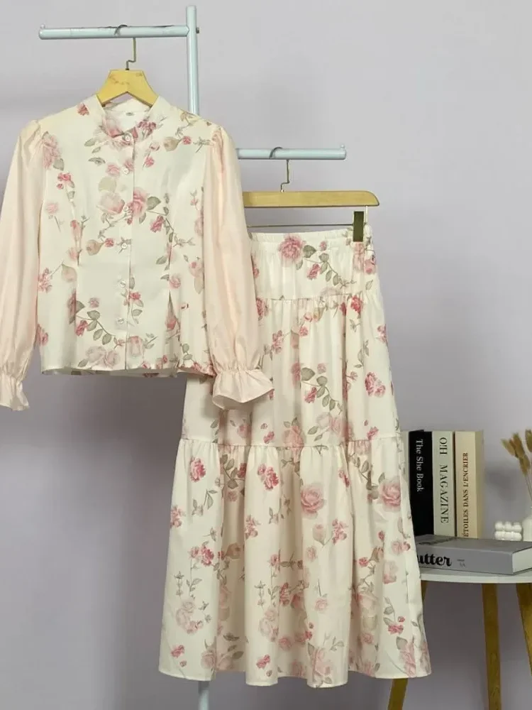 ASAYA Set gaun kemeja lengan panjang motif bunga untuk wanita