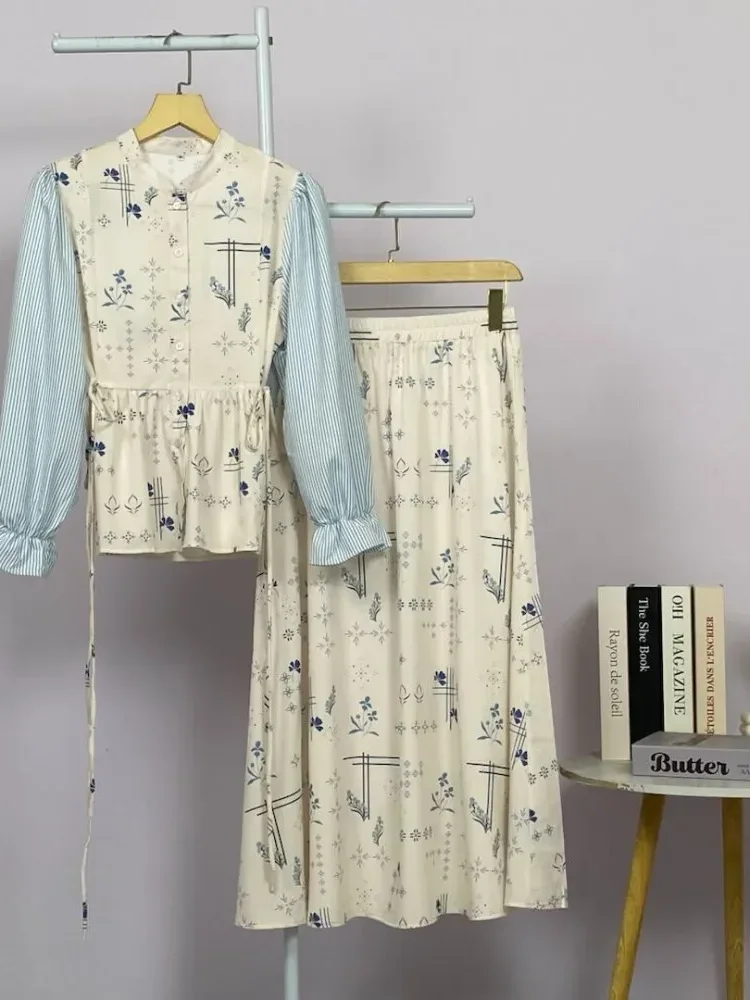 [DISKON KILAT]ASAYA Setelan kemeja manis lengan panjang dan rok dengan desain tali di pinggang