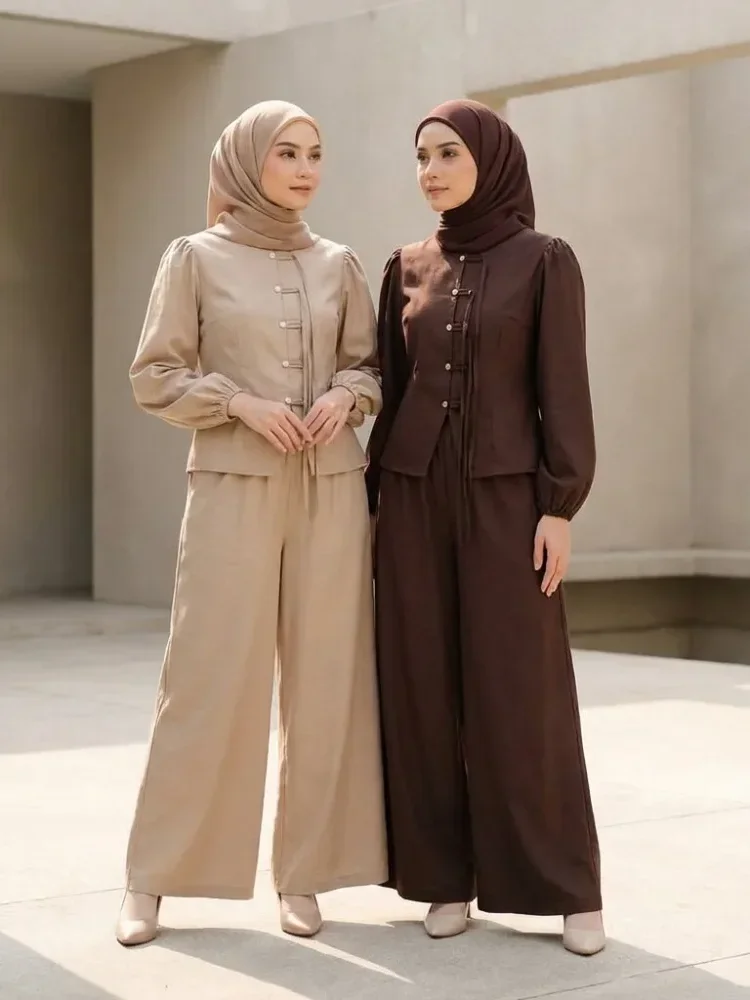 ASAYA Setelan wanita dengan lengan bell dan resleting buatan tangan bergaya minimalis warna solid