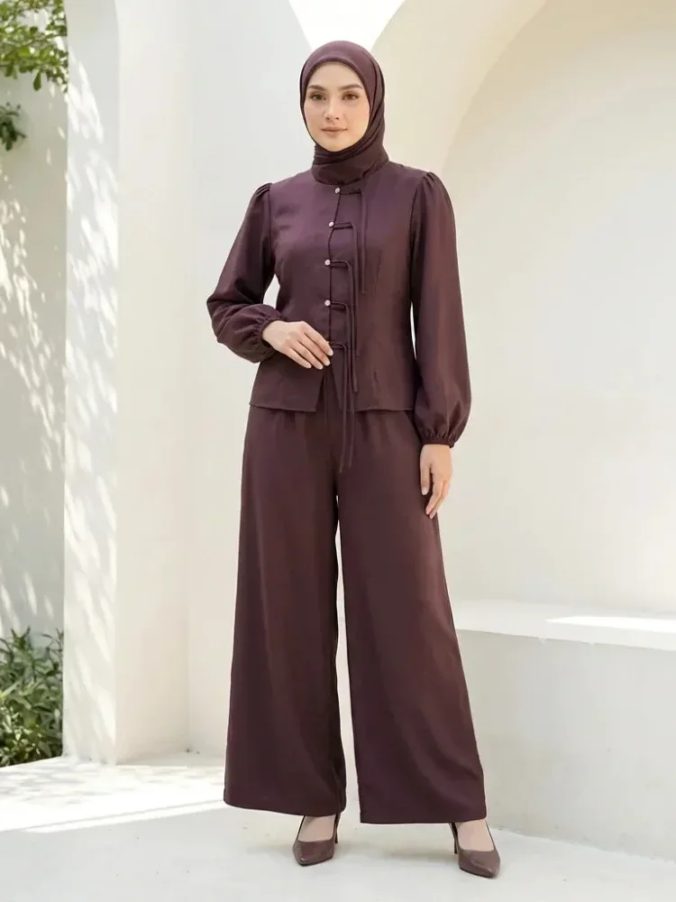 ASAYA Setelan wanita dengan lengan bell dan resleting buatan tangan bergaya minimalis warna solid