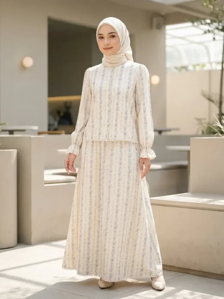ASAYA Set atasan dan rok ikat pinggang motif retro elegan terbaru untuk wanita