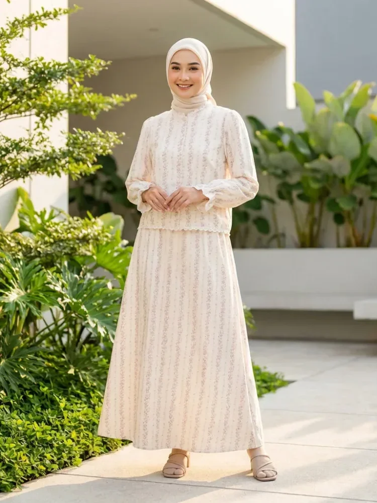 ASAYA Set atasan dan rok ikat pinggang motif retro elegan terbaru untuk wanita