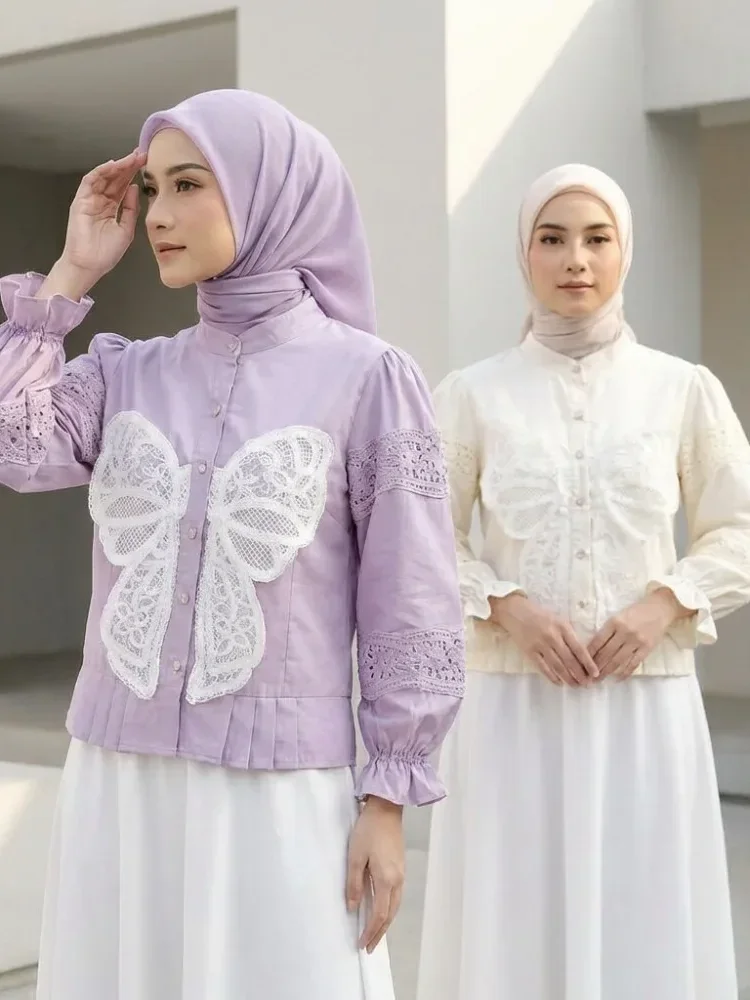 [NEW]CHICMORE Atasan kemeja desain kupu-kupu cantik lengan panjang untuk wanita gaya retro