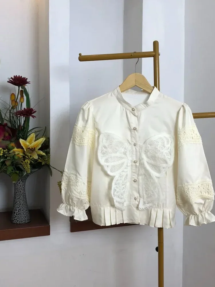 [NEW]CHICMORE Atasan kemeja desain kupu-kupu cantik lengan panjang untuk wanita gaya retro