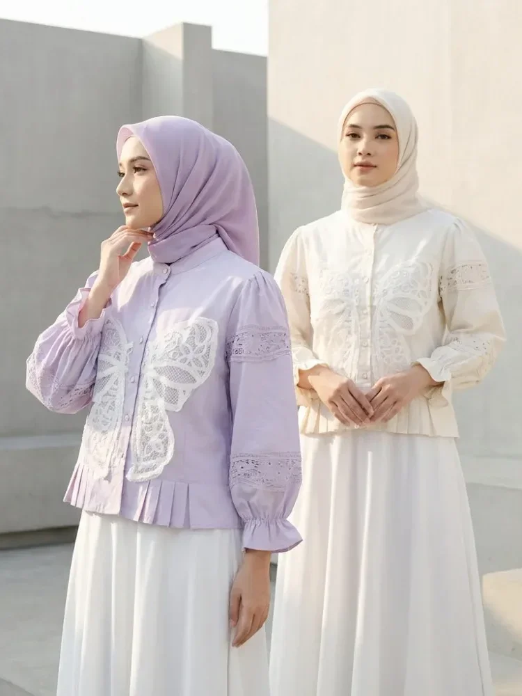 [NEW]CHICMORE Atasan kemeja desain kupu-kupu cantik lengan panjang untuk wanita gaya retro