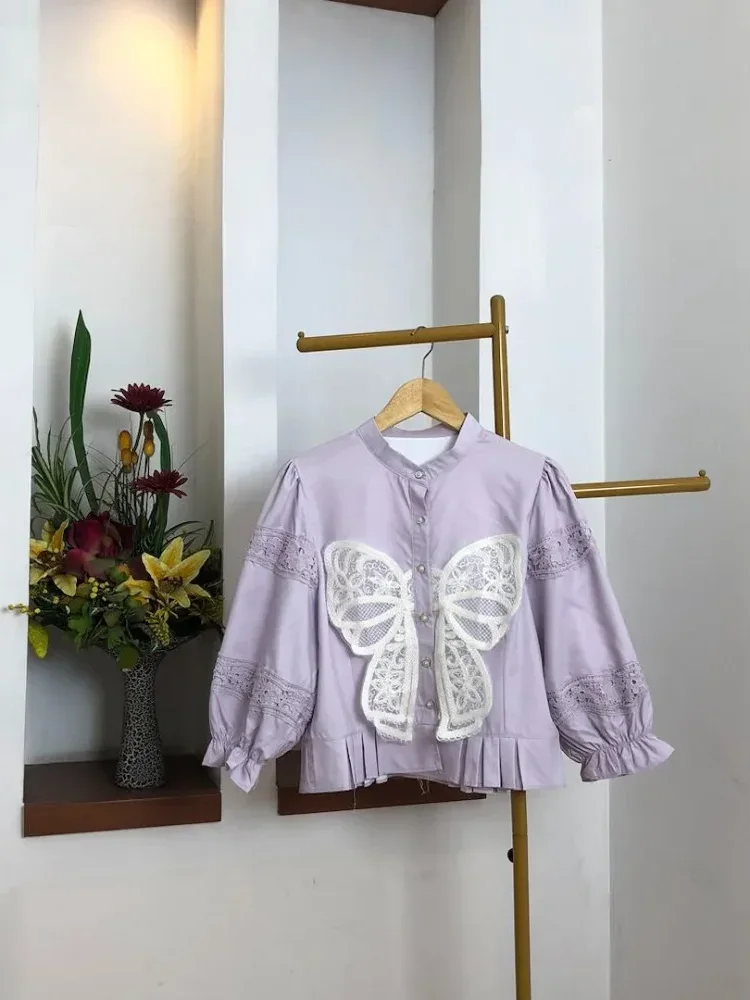 [NEW]CHICMORE Atasan kemeja desain kupu-kupu cantik lengan panjang untuk wanita gaya retro