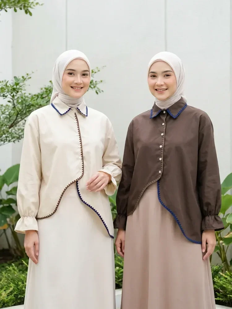 ASAYA Kemeja baru dengan warna kontras, pinggiran bergelombang, dan hem tidak beraturan