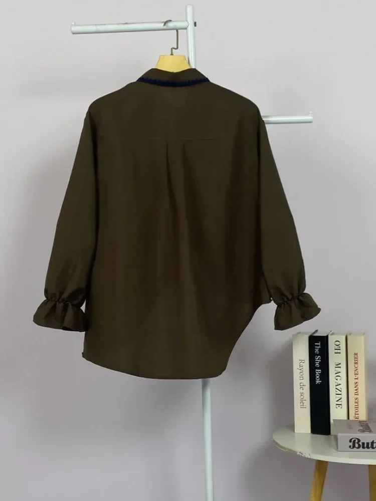 ASAYA Kemeja baru dengan warna kontras, pinggiran bergelombang, dan hem tidak beraturan