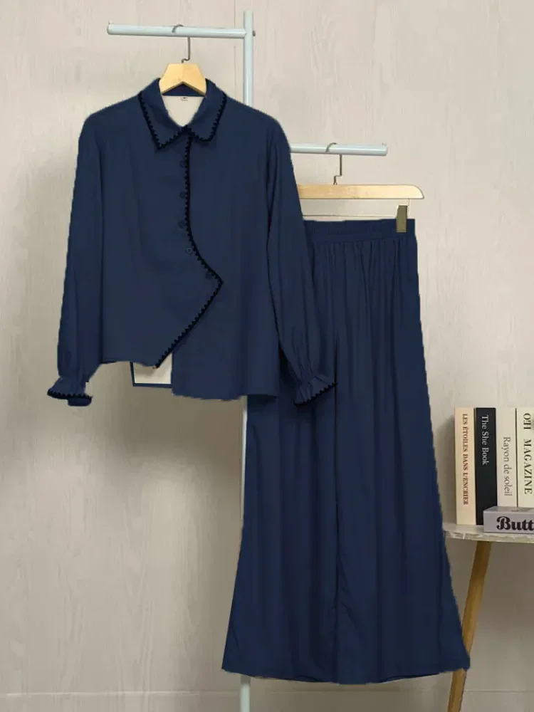 [NEW]ASAYA Kemeja lengan panjang wanita dengan detail pita, dipadukan dengan celana panjang bergaris