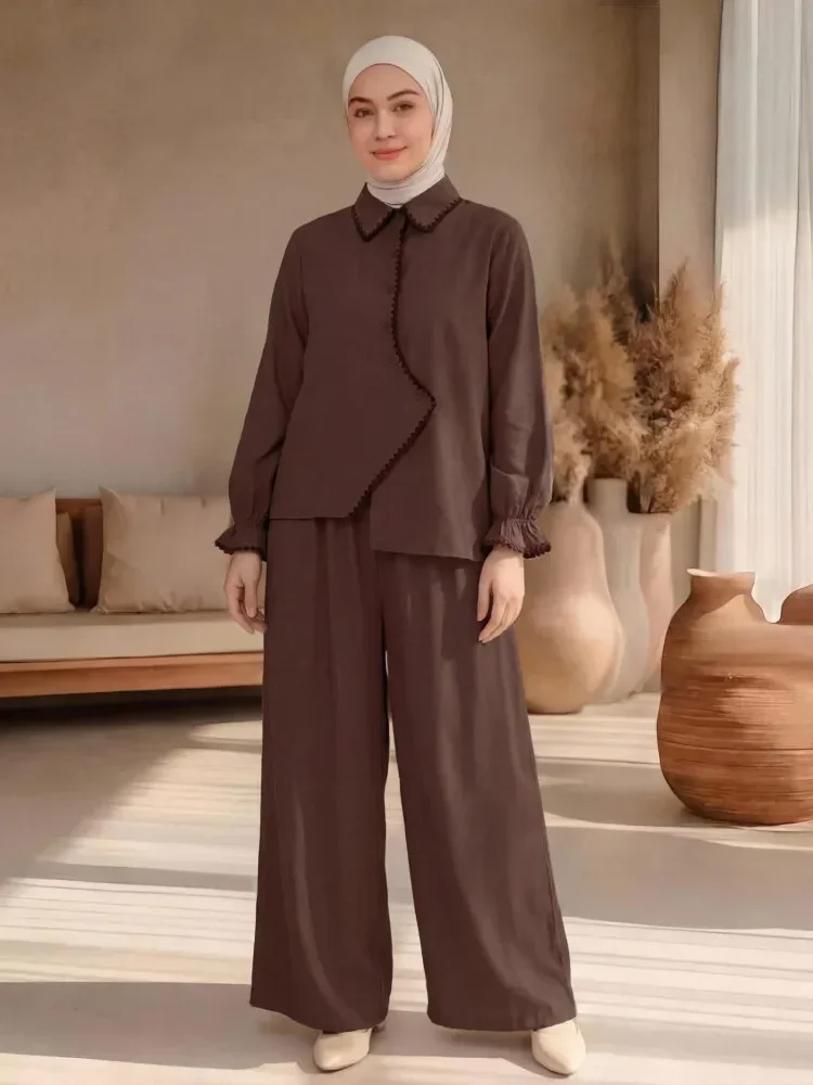 [NEW]ASAYA Kemeja lengan panjang wanita dengan detail pita, dipadukan dengan celana panjang bergaris