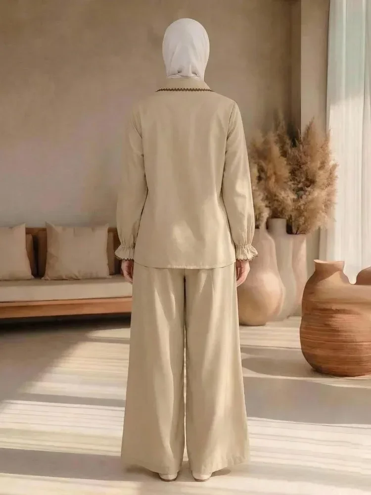 [NEW]ASAYA Kemeja lengan panjang wanita dengan detail pita, dipadukan dengan celana panjang bergaris