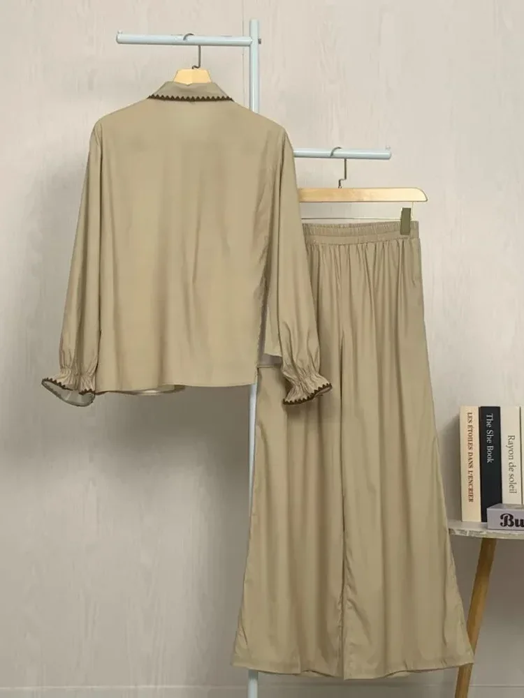 [NEW]ASAYA Kemeja lengan panjang wanita dengan detail pita, dipadukan dengan celana panjang bergaris