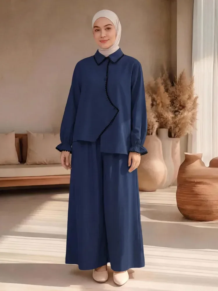 [NEW]ASAYA Kemeja lengan panjang wanita dengan detail pita, dipadukan dengan celana panjang bergaris