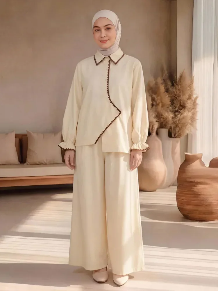 [NEW]ASAYA Kemeja lengan panjang wanita dengan detail pita, dipadukan dengan celana panjang bergaris