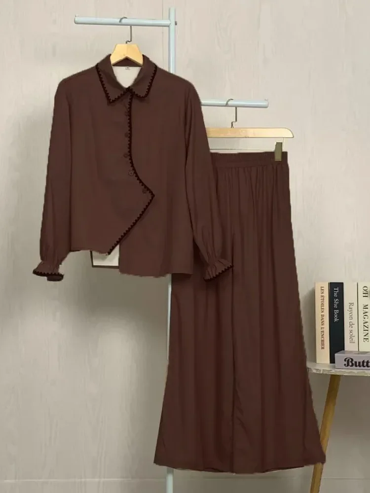 [NEW]ASAYA Kemeja lengan panjang wanita dengan detail pita, dipadukan dengan celana panjang bergaris