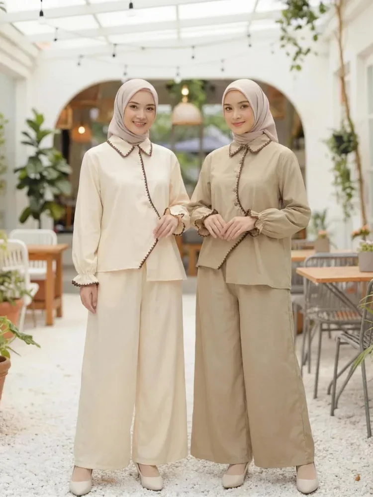 [NEW]ASAYA Kemeja lengan panjang wanita dengan detail pita, dipadukan dengan celana panjang bergaris