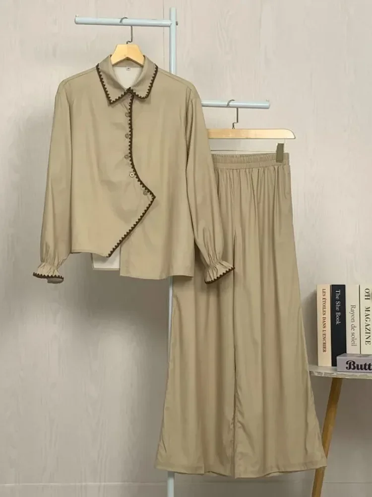 [NEW]ASAYA Kemeja lengan panjang wanita dengan detail pita, dipadukan dengan celana panjang bergaris