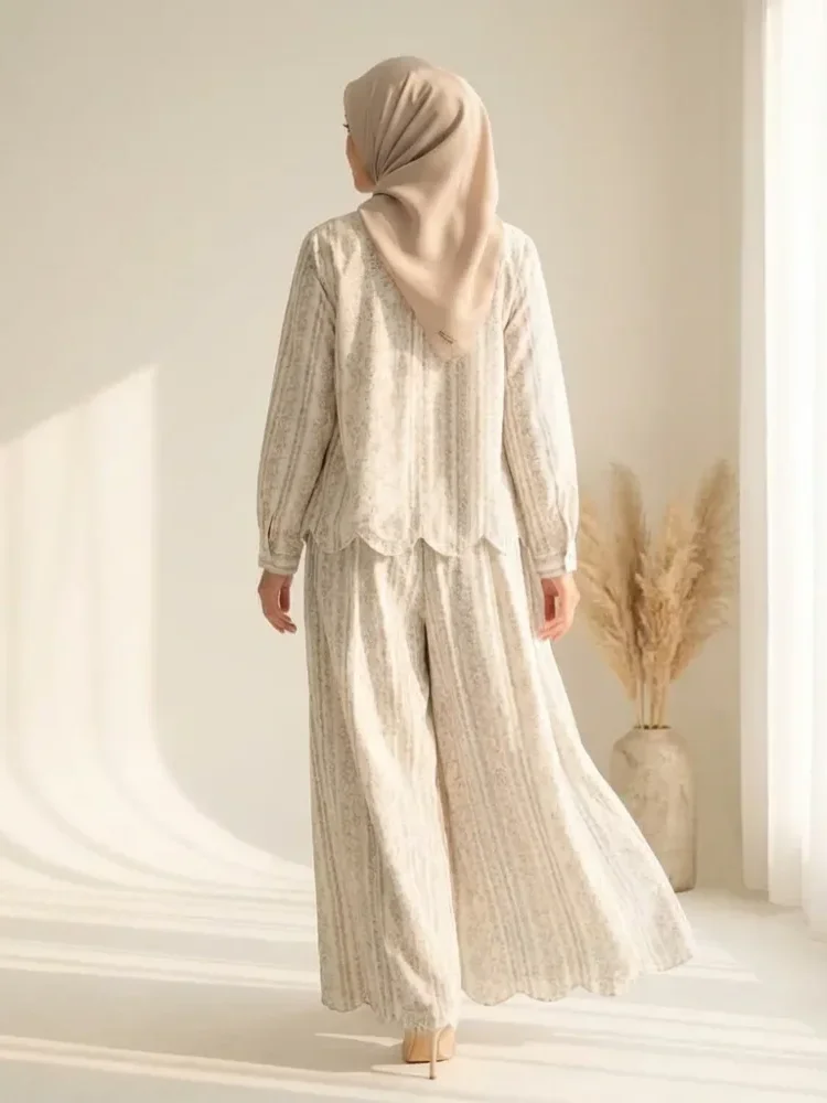 [NEW]ASAYA Atasan lengan panjang dengan desain hem tidak beraturan, set dua potong modis, dilengkapi pola cetakan unik, celana panjang trendy