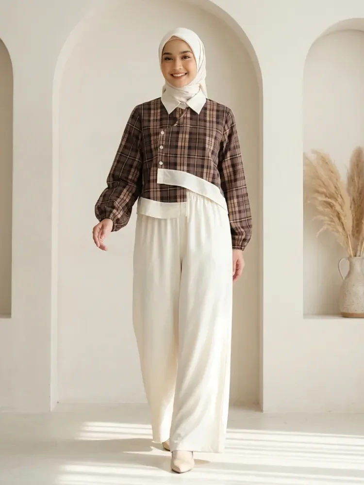 [NEW]ASAYA Setelan dua potong dengan kemeja lengan panjang bermodel unik dengan kerah dan hem tidak beraturan, dipadukan dengan celana lebar polos