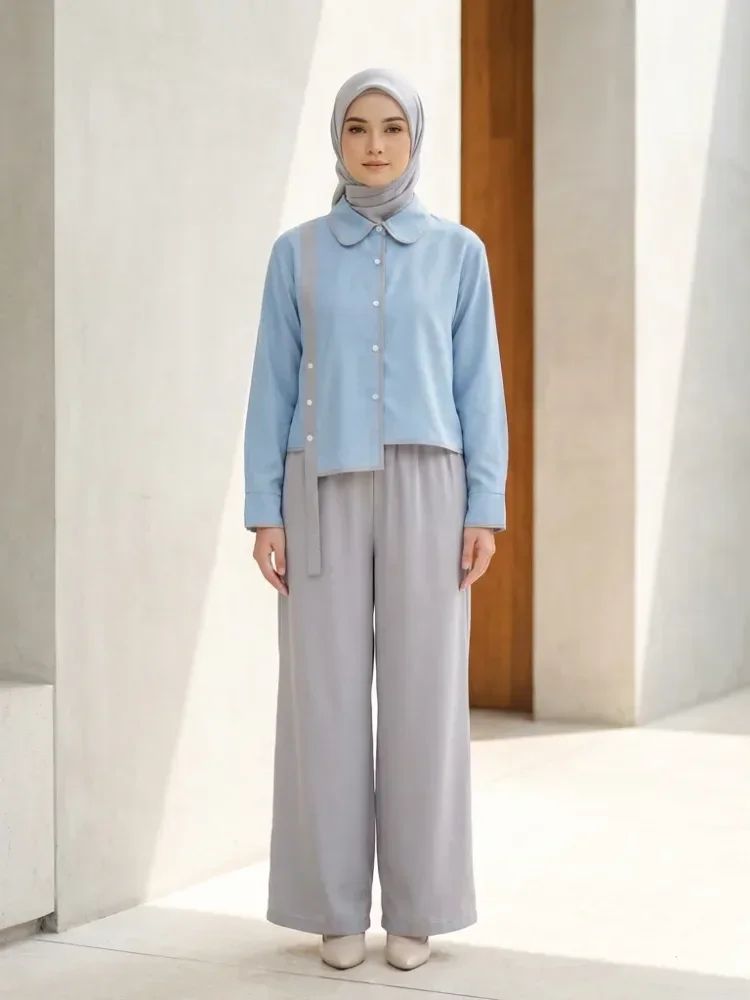 [NEW]ASAYA Setelan dua potong wanita dengan desain tidak beraturan dan kombinasi warna kontras, dipadukan dengan celana longgar dua potong