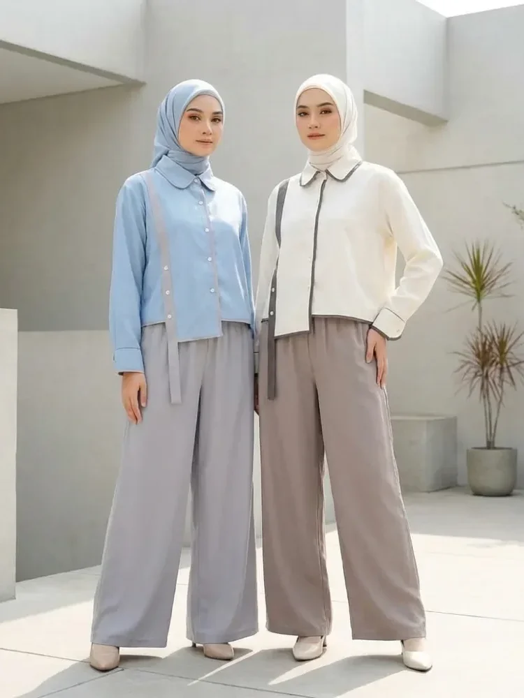 [NEW]ASAYA Setelan dua potong wanita dengan desain tidak beraturan dan kombinasi warna kontras, dipadukan dengan celana longgar dua potong