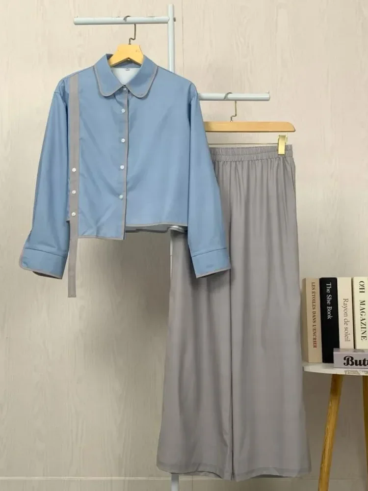 [NEW]ASAYA Setelan dua potong wanita dengan desain tidak beraturan dan kombinasi warna kontras, dipadukan dengan celana longgar dua potong