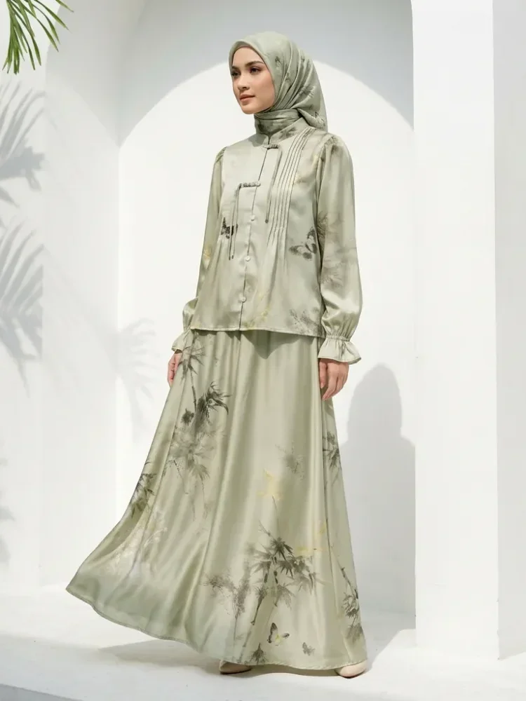 [DISKON KILAT]ASAYA Atasan lengan panjang cantik dengan dua kancing buatan tangan dan motif batik gaya tiongkok baru, dipadukan dengan rok panjang satu bagian, setelan sederhana untuk sehari-hari