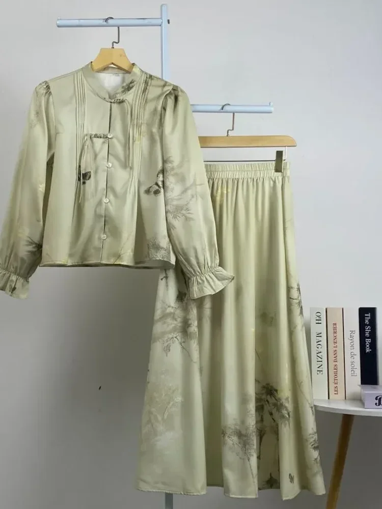 [DISKON KILAT]ASAYA Atasan lengan panjang cantik dengan dua kancing buatan tangan dan motif batik gaya tiongkok baru, dipadukan dengan rok panjang satu bagian, setelan sederhana untuk sehari-hari