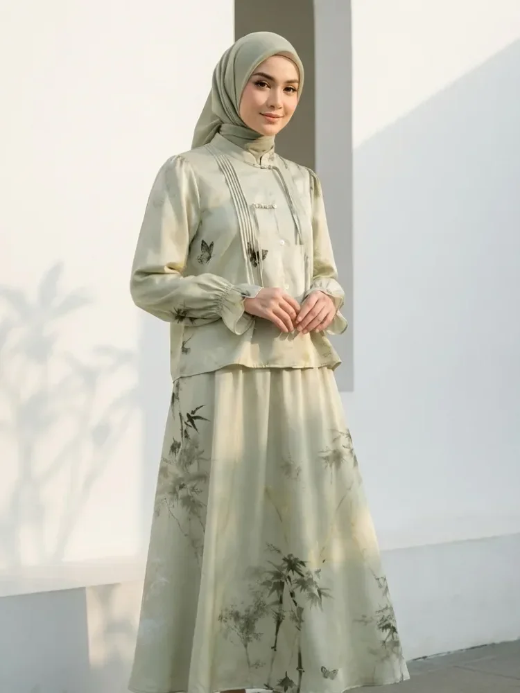 [DISKON KILAT]ASAYA Atasan lengan panjang cantik dengan dua kancing buatan tangan dan motif batik gaya tiongkok baru, dipadukan dengan rok panjang satu bagian, setelan sederhana untuk sehari-hari
