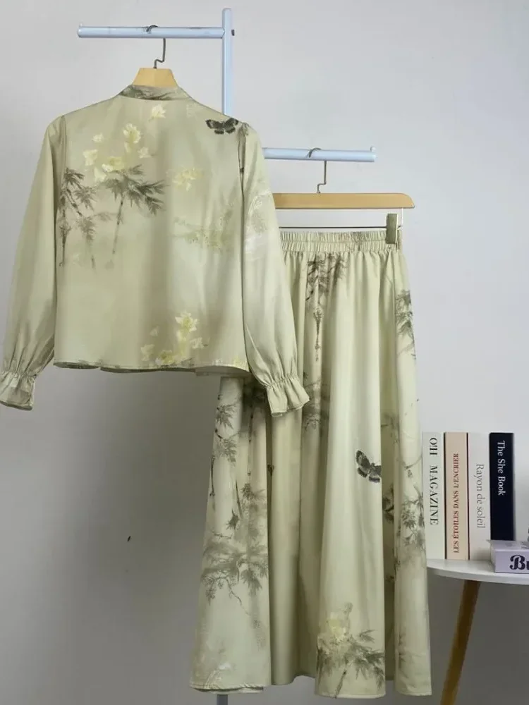 [DISKON KILAT]ASAYA Atasan lengan panjang cantik dengan dua kancing buatan tangan dan motif batik gaya tiongkok baru, dipadukan dengan rok panjang satu bagian, setelan sederhana untuk sehari-hari