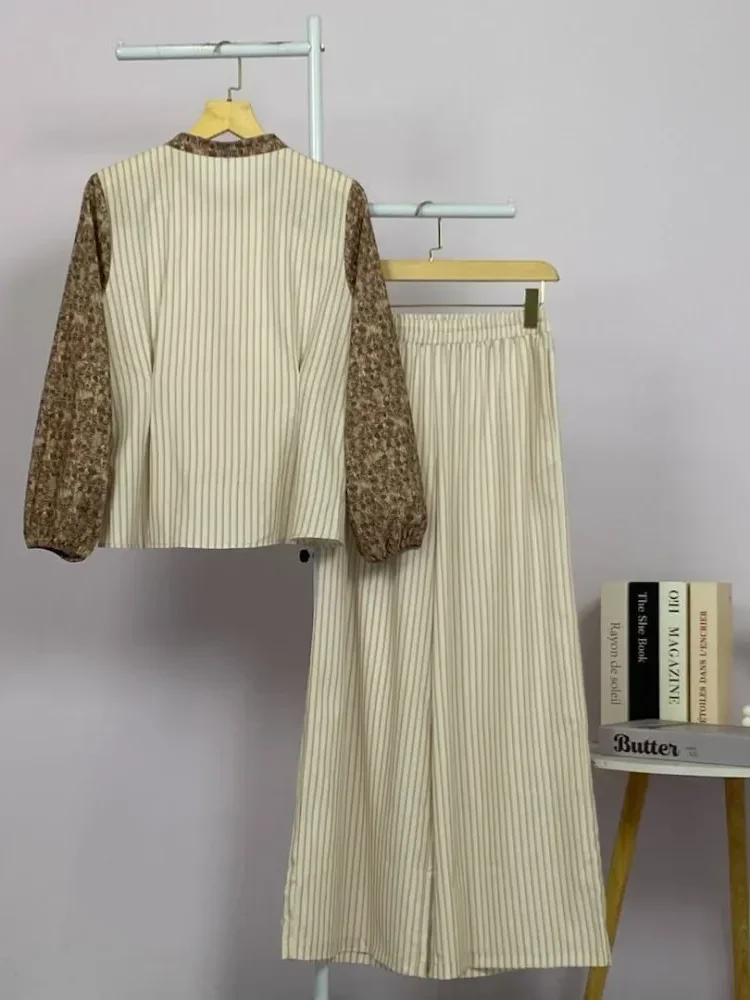 ASAYA Setelan serbaguna wanita dengan pola bunga, atasan elegan dengan kemeja bercorak dipadukan dengan celana panjang bergaris