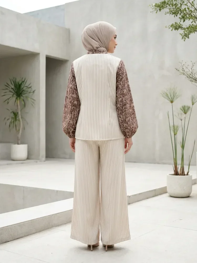 ASAYA Setelan serbaguna wanita dengan pola bunga, atasan elegan dengan kemeja bercorak dipadukan dengan celana panjang bergaris