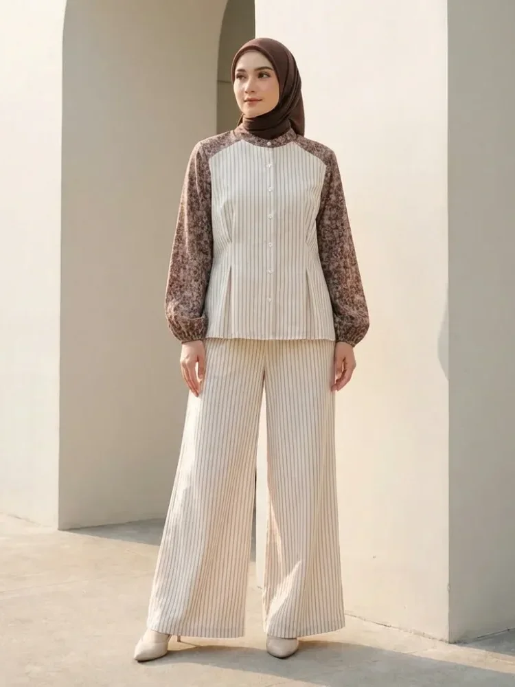ASAYA Setelan serbaguna wanita dengan pola bunga, atasan elegan dengan kemeja bercorak dipadukan dengan celana panjang bergaris