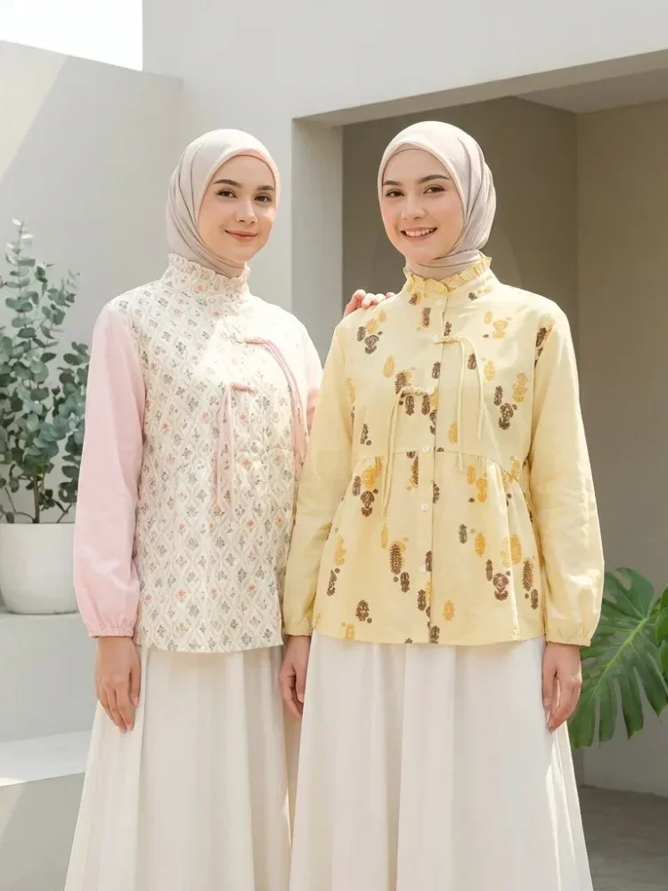 [READY STOCK]ASAYA Atasan wanita lengan panjang bergaya retro dengan kancing depan, motif tambal sulam yang modis.