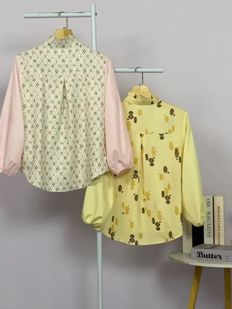 [READY STOCK]ASAYA Atasan wanita lengan panjang bergaya retro dengan kancing depan, motif tambal sulam yang modis.