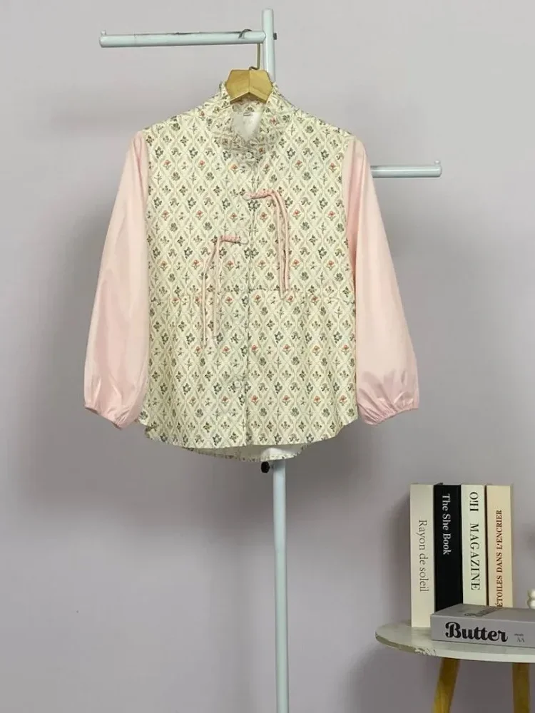 [READY STOCK]ASAYA Atasan wanita lengan panjang bergaya retro dengan kancing depan, motif tambal sulam yang modis.