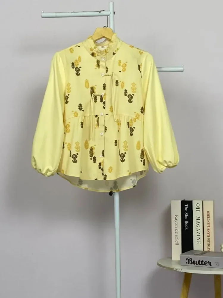 [READY STOCK]ASAYA Atasan wanita lengan panjang bergaya retro dengan kancing depan, motif tambal sulam yang modis.
