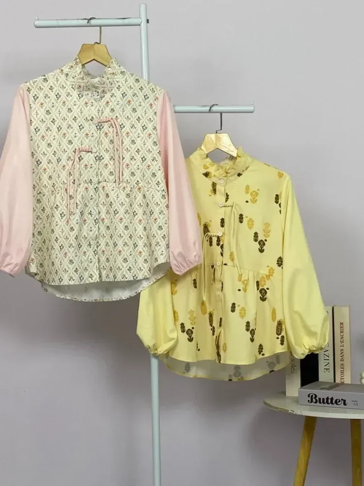 [READY STOCK]ASAYA Atasan wanita lengan panjang bergaya retro dengan kancing depan, motif tambal sulam yang modis.