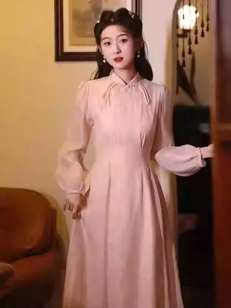 [NEW]CHICMORE Gaun cheongsam retro lengan panjang gaya nasional untuk wanita