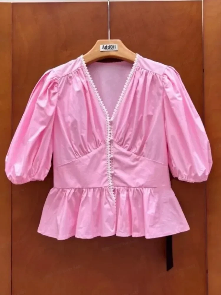 [CUCI GUDANG]CHICMORE Atasan kemeja lengan pendek bentuk balon dan kerah v neck