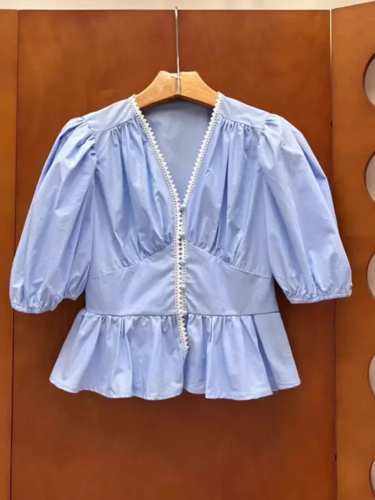 [CUCI GUDANG]CHICMORE Atasan kemeja lengan pendek bentuk balon dan kerah v neck