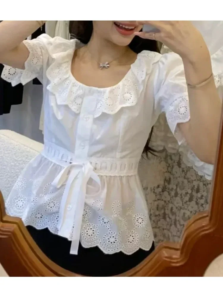 CHICMORE Atasan blouse wanita berlengan pendek puff motif strawberry bergaris untuk wanita