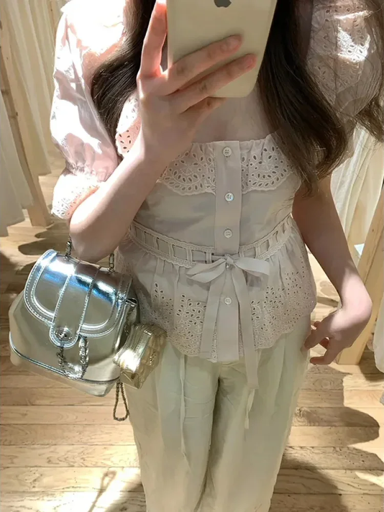 CHICMORE Atasan blouse wanita berlengan pendek puff motif strawberry bergaris untuk wanita