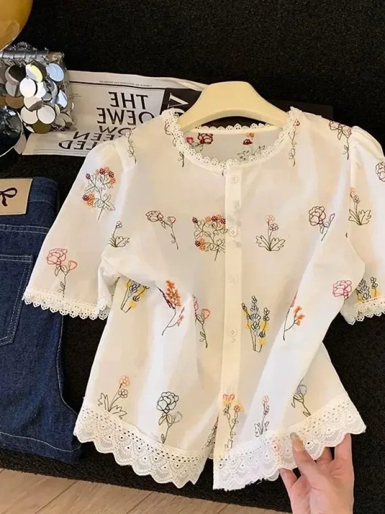 CHICMORE Kemeja wanita lengan pendek gaya korea, kerah bulat, dengan motif cetak yang indah